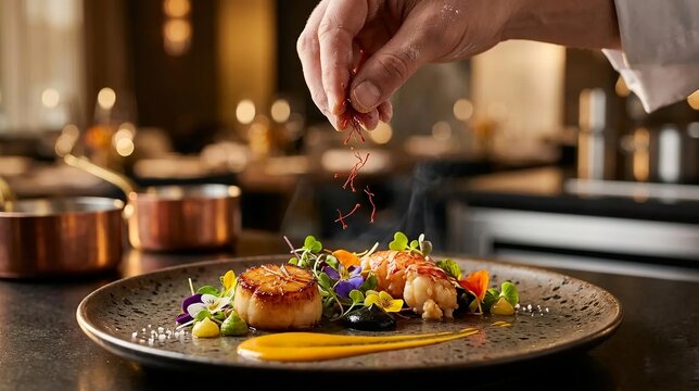 Gourmet chef hands garnishing pan seared scallop and lobster plate with saffron threads