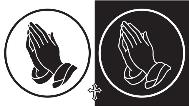 Praying Hands Icon With Cross On White And Black Background For Religion Spirituality Concepts