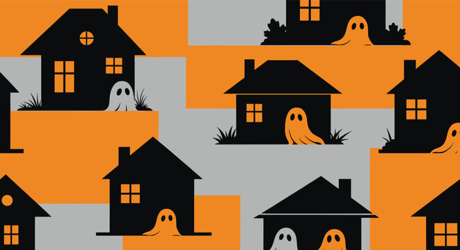 Halloween themed pattern featuring black house silhouettes with cute white and orange ghosts peeking out from the windows.