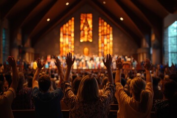 Obraz premium People raising hands in worship during modern church service