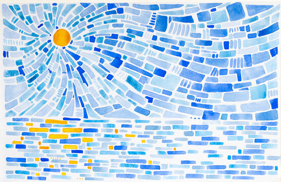 Watercolor abstract painting Sun Shining Over Blue Ocean 