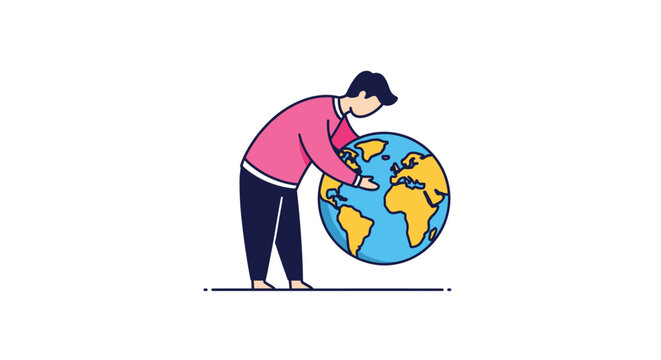 Simple illustration of a man carefully holding and supporting a globe of the earth representing environmental care and global unity.