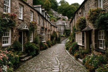 Fototapeta premium Historic Cornwall village cobblestone street with charming stone houses