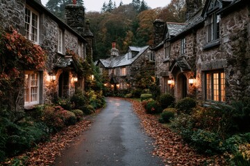 Obraz premium Historic Cornwall village street with charming stone houses in autumn
