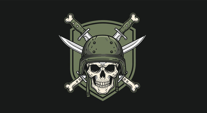 Military skull emblem featuring a green soldier helmet with crossed combat knives and a tactical shield background on black.