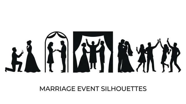 Marriage event silhouettes of couples celebrating and proposing on white background