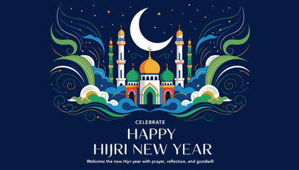 Islamic New Year vector background with mosque silhouette, crescent moon, and traditional decorative elements. © Al Noman