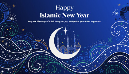 Islamic New Year vector illustration featuring crescent moon, lanterns, calligraphy, and spiritual celebration themes. © Al Noman