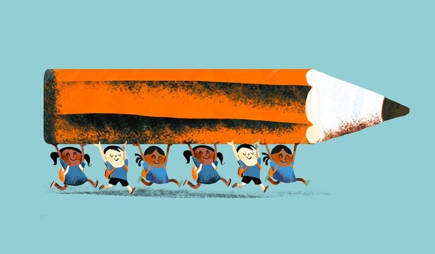 School Children Carrying Giant Pencil &ndash; Education Concept