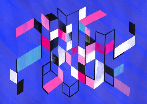 Abstract Geometric Composition with Isometric Shapes and Vibrant Color