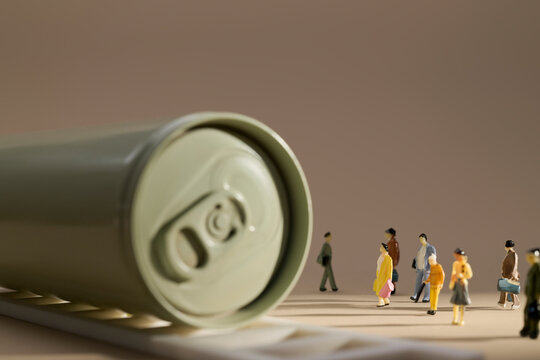 Miniature people observe a giant soda can on a conveyor