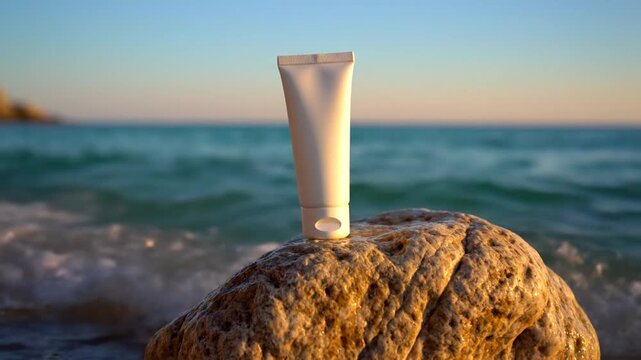 White cosmetic tube standing on a textured rock at the beach during golden hour with ocean background