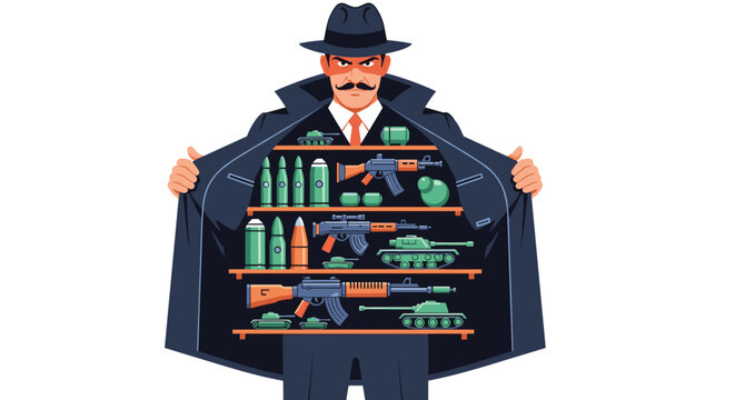 Shady character in a trench coat and hat opening his coat to reveal an illegal black market shop of guns and military tanks.