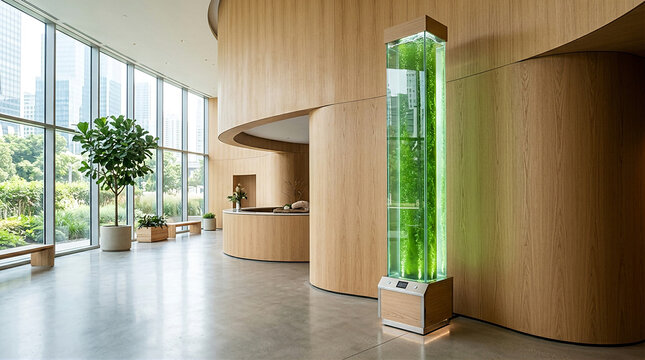 Modern Biophilic Air Purifying Algae Column in Corporate Lobby