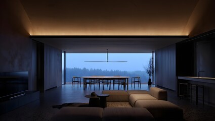Fototapeta premium Ultra Minimalist Open Plan Living And Dining Interior With Warm LED Cove Ceiling, Monochromatic Palette, Modular Sofa And Sleek Dark Dining Chairs In Pure White Space (AI-Generated)