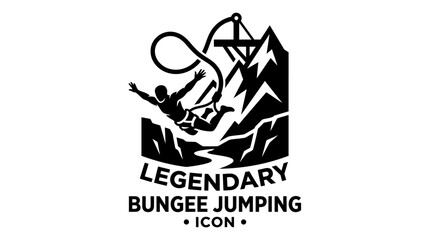 Bungee jumping icon with man jumping off cliff near mountains, vector graphic © masiku