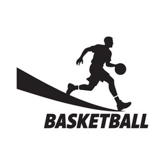Fototapeta premium Black and White Basketball Player Dribbling Graphic Text Emblem Vector Silhouette.