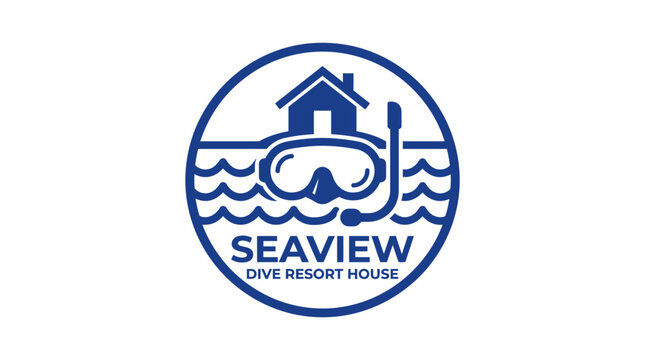 Dive resort logo with house and snorkel mask in waves