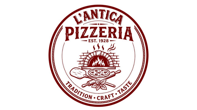 Vintage pizzeria logo with oven, pizza, and baking tools, emphasizing tradition and craft.