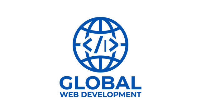 Global web development logo with globe and code symbol, vector illustration.