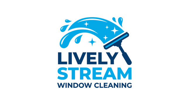 Window cleaning logo with squeegee, water splash, and sparkling effect