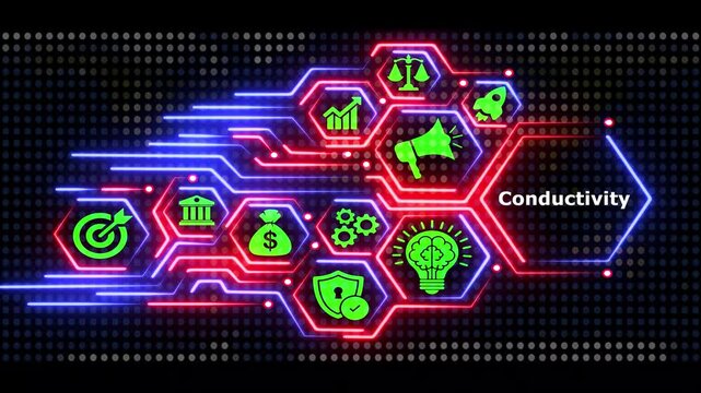 Conductivity concept with glowing neon data circuit patterns.