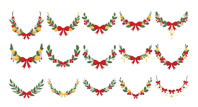 Festive array of fifteen Christmas swags and wreaths decorated with holly berries, gold ornaments, and bright red satin bows.