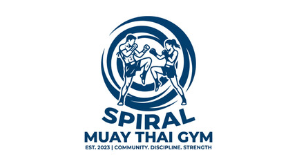 Muay Thai gym logo with martial artists in action, spiral graphic element, vector illustration © masiku