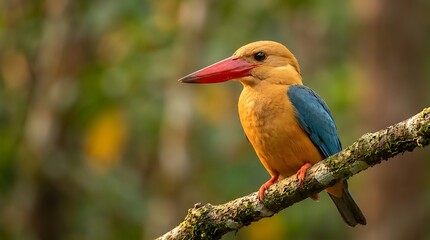 Fototapeta premium Kingfisher bird perched on a branch in blurry green nature