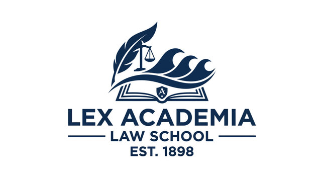 Lex Academia Law School emblem with open book, scales of justice, quill and waves