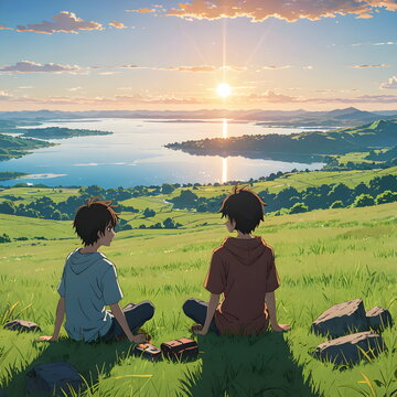 Two friends sitting on a grassy hill looking at a beautiful sunset landscape