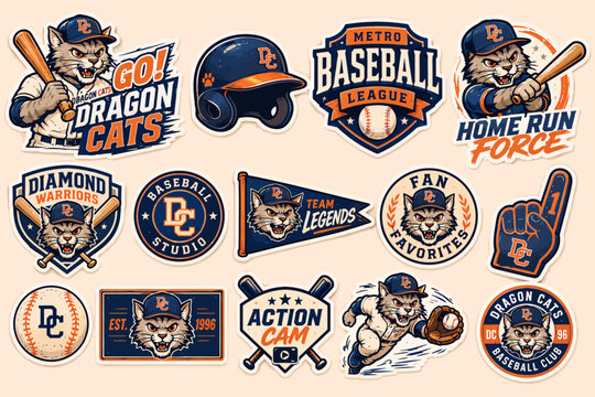 Collection of baseball-themed stickers and logos featuring a cartoon cat mascot, baseball equipment, and various team emblems.