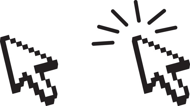 Pixelated computer cursor icons with sunburst effect on white background, black and white illustration, click symbol,