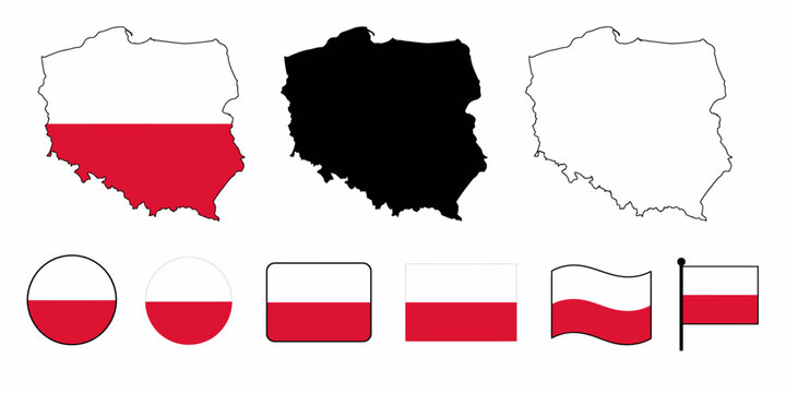 Polish flag and map symbols in various styles and shapes on white