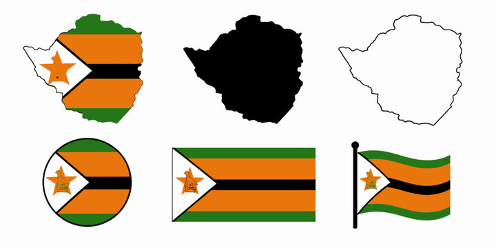 The national flag of Zimbabwe with country map and outline on white background image-230.ai