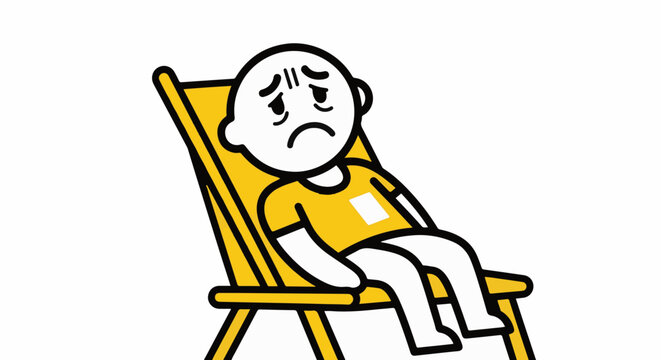 Cartoon character sitting sadly on reclining chair.