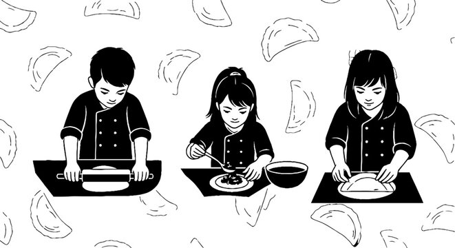 Illustration of Three Chefs Preparing Dumplings Together.