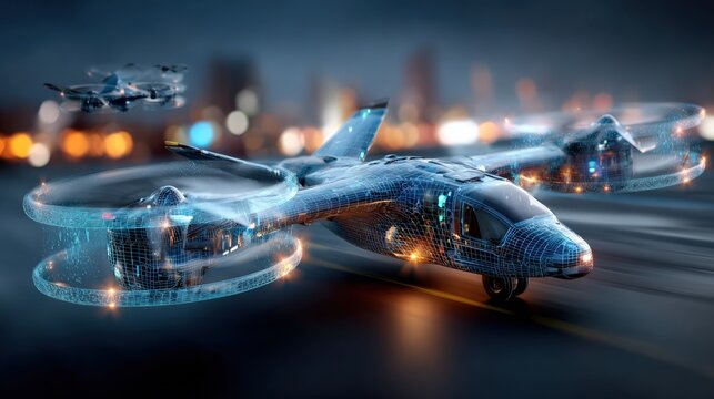 Futuristic eVTOL aircraft with glowing rotor blades take off from a city landing pad at night, showcasing advanced urban air mobility. ..Created with Generative AI, not depicting real subjects.