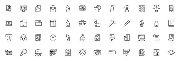 Graphic design icon set. Vector illustration pack. Minimal line icons. Includes symbols for brochure, monitor, brush, paint, pen, laptop, folder, sketchbook, pencil, magic wand, dropper, eraser, text, © wang