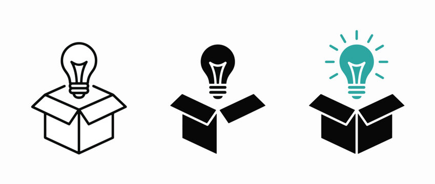 Creative Idea Box Icon Set. Innovation, brainstorming and startup solution concept. Outline, glyph, colored line and flat style. Vector illustration. white background