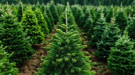 Fototapeta premium Lush Evergreen Trees in a Tidy Christmas Tree Farm Surrounded by Nature and Scenic Green Landscape