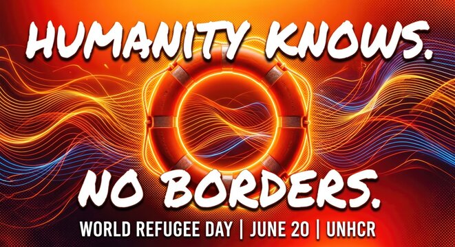 Refugee awareness background with 'Humanity knows no borders' text