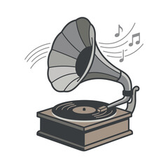 Vintage gramophone record player playing music in line art. © rafa