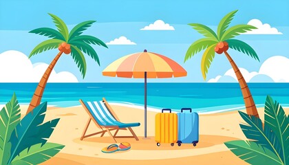 Fototapeta premium Tropical beach vacation with palm trees, beach chair, umbrella, and luggage, perfect for summer holiday and travel