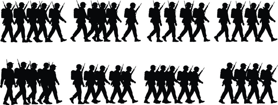 Silhouette illustration of marching soldiers with rifles depicting military formation and wartime themes isolated on white