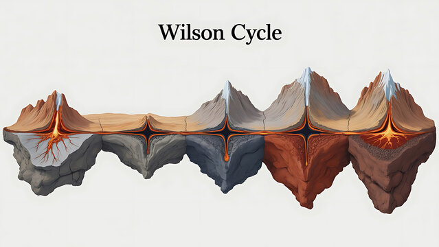 Wilson cycle stages of continental rifting and oceanic basin formation through plate tectonics and geological time scale processes