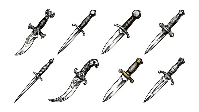 Vintage daggers set. Hand drawn sketch style medieval weapon collection. Best for tatoo and retro historical designs. Vector illustration isolated on white.