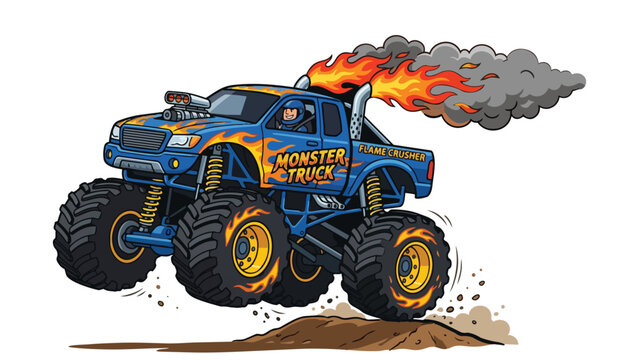 Cartoon monster truck, blue, with oversized wheels, flame, smoke. Vector illustration
