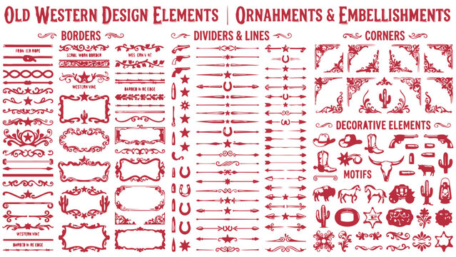 Old Western Design Elements Icon Set Embellishment Borders Divider Lines Scroll Ornate Flourish Wanted Poster Frame Banner Ribbon Rope Border Sheriff Star Barbed Wire Vector