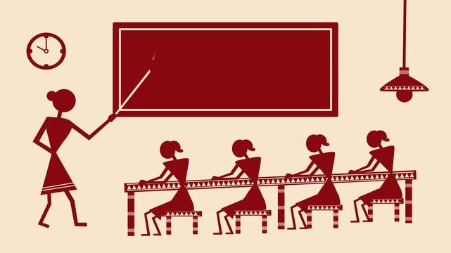 Animated Warli style classroom scene showing a female teacher teaching students on a chalkboard. primary education, literacy, learning, school education, knowledge sharing, women empowerment. 